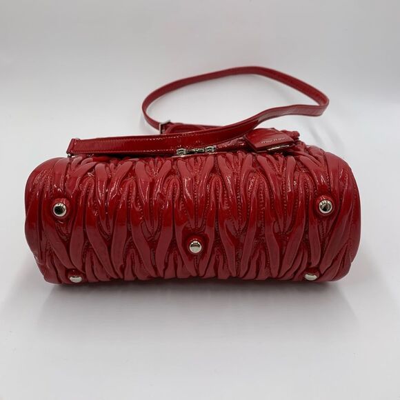 Auth Miu Miu Red Matelasse Enamel Leather 2way Madras Top Handle Handbag - Picture 12 of 16